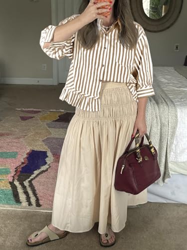 Cicy Bell Womens Cropped Striped Button Down Shirts Ruffle 3/4 Length Sleeve Summer Tops Dressy Casual Blouses3