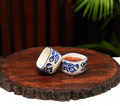 Image of Freakway Hand Painted White Ceramic Dip Bowls | Bowls Set of 2, 40Ml | Bowl for Serving Chutney Bowl /Pickle Bowl /Small (BLU & WHT)