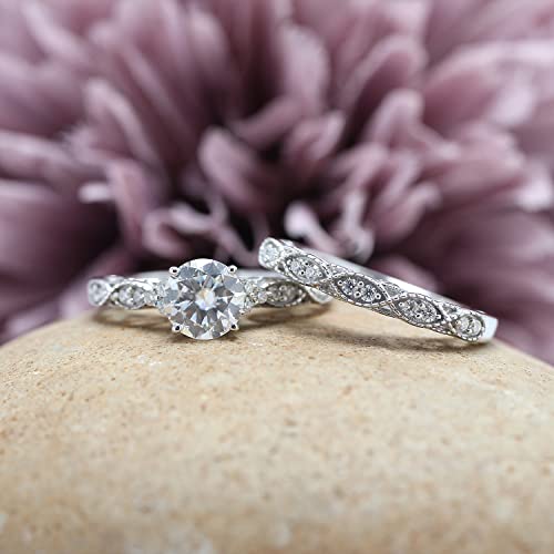 SAVEARTH DIAMONDS 1.5ct Center 7.5mm G-H-I Color Round Cut Vintage/Antique Lab Created Moissanite Engagement Ring Bridal Set In 14K Gold Over Sterling Silver For Women2