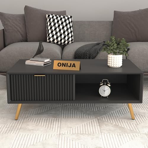 Image of ONIJA Modern Coffee Table for Living Room | HDMR Premium Wood Center Table with Storage Shelf | Matte Finish Coffee Table | Wooden Tea Table with Sturdy Legs (Black)