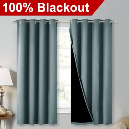 Image of NICETOWN Extra Long Truly Blackout Drapes for Hall and Villa, 46-inch Width Each Panel, 45-inch Length, Greyish Blue, 2 Pieces, 100% Blackout Window Curtains with Black Lined for Night Shift Worker
