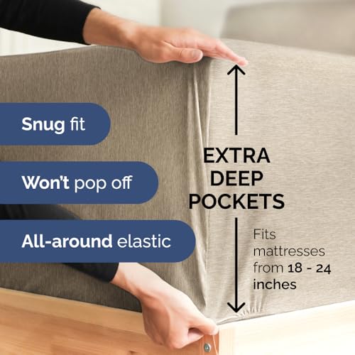 Image of Extra Deep Full Sheet Set - 6 Piece Breathable & Cooling - Heathered Beige | Hotel Luxury Bed Sheets Set, Easy & Secure Fit, Ultra-Soft, Wrinkle & Fade Free, Comfy Sheets Set with Extra Deep Pockets