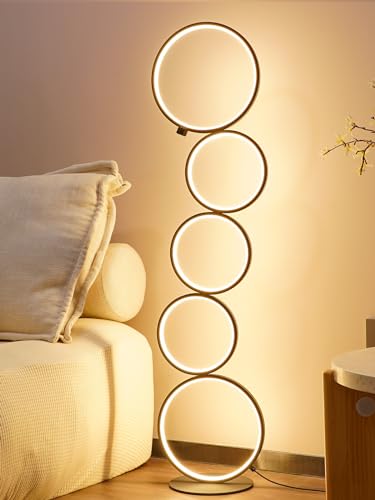NUÜR Modern 5-Ring LED Floor Lamp, 43.3' Artistic Nesting Circle Standing Lamp, Stepless Dimmable Sculptural Accent Light for Living Room, Bedroom & Office, Minimalist Geometric Decor