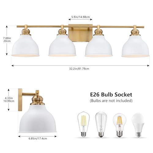Image of Large Bathroom Vanity Light Fixture,4 Light Gold Vanity Lighting Fixture Over Mirror, 32 inch Wall Sconce Lighting for Bathroom Restroom Farmhouse,E26 Bulbs (Exclude Bulbs)