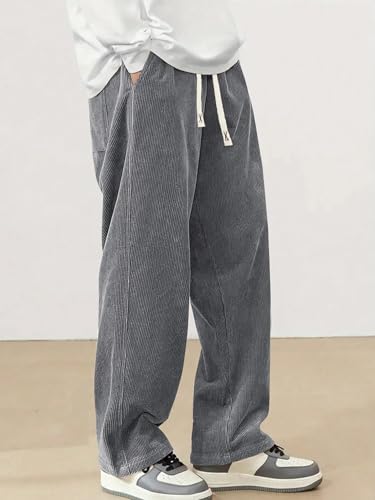 Image of Hidkat Mens Corduroy Casual Pants Fashion Loose Fit Wide Leg Pants Straight Sweatpants Elastic Waist Drawstring