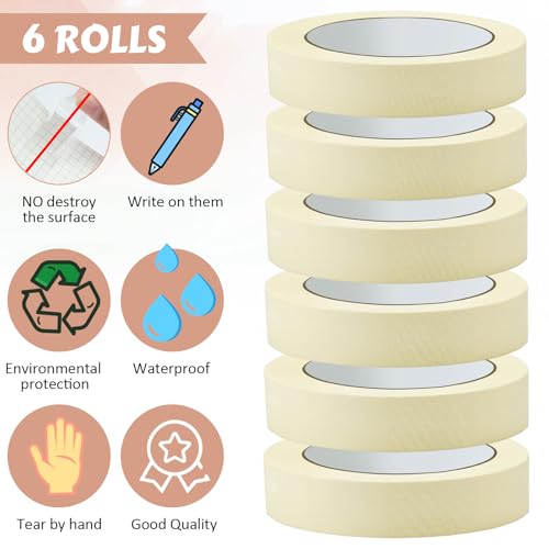 Image of Fainne 6 Rolls Masking Tape Bulk 1 Inch 55 Yards | General Purpose Tape for Classroom, Labeling, Crafts, Office, School Projects, Easy Tear & Clean Removal, Beige White