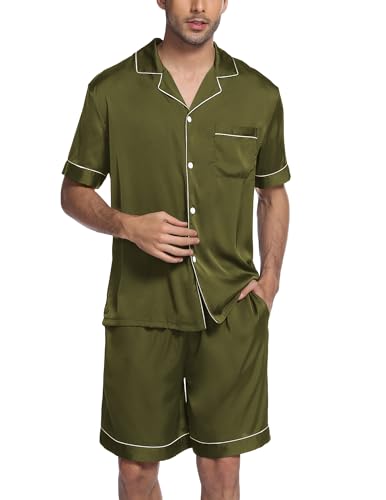 Image of Ekouaer Mens Satin Pajamas Set Button-Down Short Sleeve Shirt Top Soft Silk Sleepwear Shorts with Pockets
