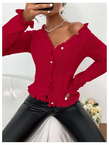 Image of Verdusa Women's Ruffle Trim V Neck Button Down Long Sleeve Knit Cardigan Sweater