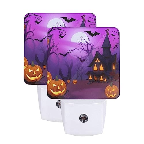 Image of Halloween Pumpkin Night Light Set of 2, Lanterns and Ghost Owl Bat Auto Sensor LED Dusk-to-Dawn Nightlights, Plug-in Sensor Lamp for Bedroom Bathroom Kitchen Hallway Stairs Decorative