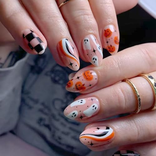 24pcs Halloween Orange Press on Nails Medium Almond Fake Nails Cute Ghost Pumpkin False Nails with Black Grid Design Wavy Line Glue on Nails Full Cover Artificial Stick on Nail for Women Decorations