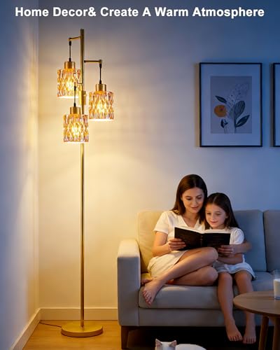 Image of 3-Light Modern Glass Floor Lamp, Gold Standing Tall Lamp with Amber Cylinder Glass Shade for Reading, Dimmable LED Floor Lamp with 5Lbs Heavy Base for Living Room Bedroom Home Decor, Bulb Included