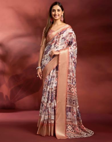 Image of SIRIL Women's Dola Silk Printed Jacquard Border Ready To Wear Saree with Unstitched Blouse Piece
