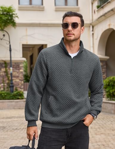 Vssjavun Mens Quarter Zip Pullover Quilted Sweatshirt Long Sleeve Casual Stand Collar Pullovers with Pockets2
