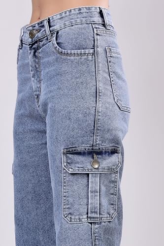 Image of London Hills Women's Relaxed Fit Mid Rise Cargo Jeans for Woman | Baggy Jeans for Woman | Baggy Pant | Cargo Pants for Women | Black | Blue | Jins | Pockets