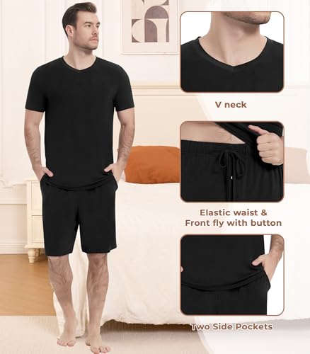 Image of NACHILA Pajamas for Men Pj Short Sleeve Sleepwear with Shorts V Neck Loungewear Cool Pajama,Viscose Made from Bamboo