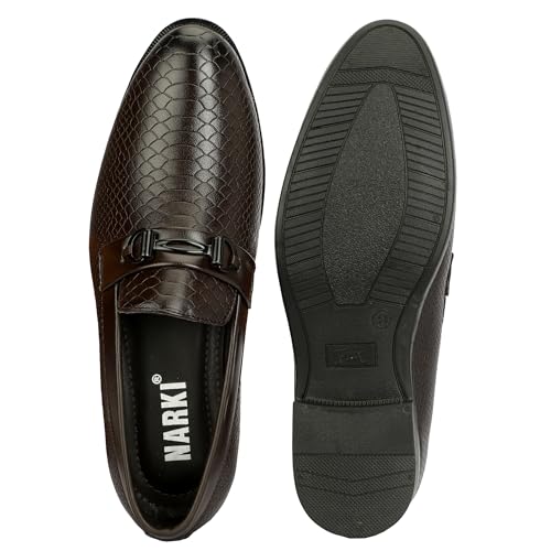 Image of NARKI Men's Tan Formal Loafers - Stylish Slip-On Synthetic Leather Dress Shoes | Textured Office Wear Shoes for Men