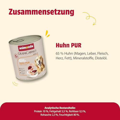 animonda GranCarno Hunde Nassfutter Single Protein Huhn pur (6 x 800g), getreidefreies Hundenassfutter ohne Zucker, für ausgewachsene Hunde, mit frischem Hühnerfleisch und Innereien