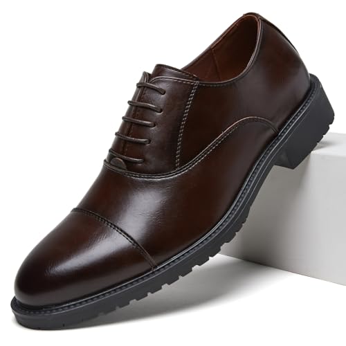 Mens Pointed-Toe Leather Dress Shoes - Formal Business Oxfords for Office & Wedding (DARK BROWN 44)