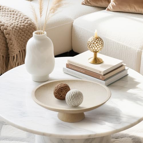 Large Modern Decorative Bowl for Home Decor Fruit Organic Catch All Key Kitchen Entryway Shelf Coffee Table With Pedestal,Artificial Stone Beige - Image 7