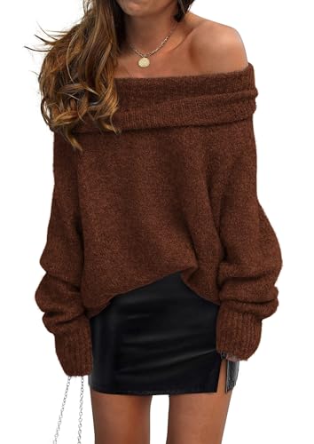 PRETTYGARDEN Women's Off The Shoulder Sweater Long Sleeve Tops 2025 Fall Loose Knit Pullover Sweaters Winter Clothes