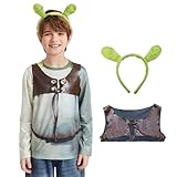 ATAMET Monster costume Halloween kids long sleeved T-shirt front and back printed three piece set, with vest and headband (Green, Medium)