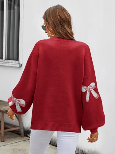 Image of Libsorge Womens Oversized Cute Bows Crewneck Cozy Pullover Sweater | Fall Winter Trendy Long Shoulder Balloon Sleeve Knit Baggy Printed Dressy Casual Valentines Day Vintage Sweaters