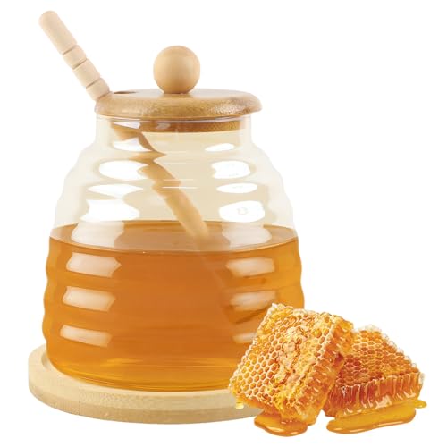 Dzmuero Honigglas, Honigspender, 480ML Honigtopf mit Löffel, Honigglas mit Holz Deckel, Versiegelter Glasbehälter, Weithals Honigvorratsglas für...