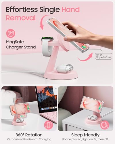 Image of Meifigno Magnetic Wireless Charger for Samsung, 3 in 1 Charging Station Compatible with MagSafe Samsung Charger for Galaxy S26 Ultra S25 Z Fold7 /Flip7, Charger Stand for Galaxy Watch Ultra 8 7, Pink