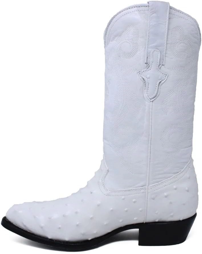 Men’s Genuine Leather Exotic Ostrich Print J-Toe Cowboy Western Boots - White - Image 3