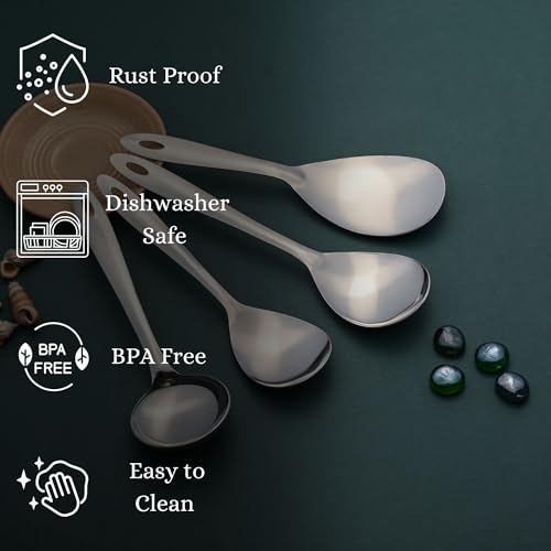 Image of Montavo by FnS 4 Pieces Stainless Steel Serving Spoon Set | 1 Gravy Ladle, 1 Rice Server, 1 Medium Veg Serving Spoon & 1 Small Veg Serving Spoon | Kitchen Serving Tools for Home & Dining