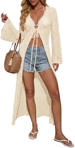 Saodimallsu Womens Crochet Beach Cover up Tie Front Bell Sleeve L...