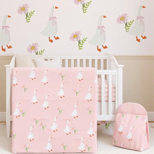 Image of Oudain 4 Piece Goose Crib Bedding Set Including Goose Crib Skirt, Blanket, Sheet and Diaper Stacker, Soft Neutral Nursery Standard Size Baby Bedding for Baby Girls and Boys