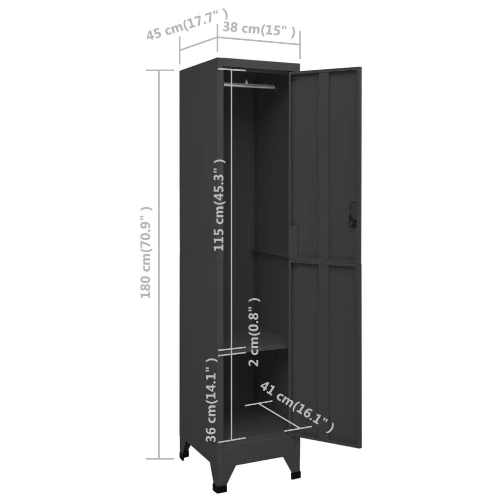 Antracyt zamykana szafa ze stali nierdzewnej 38 x 45 x 180 cm z wieszakiem na ubrania i półką do biura i szkoły, bezpieczeństwo i organizacja, przestronna i wytrzymała