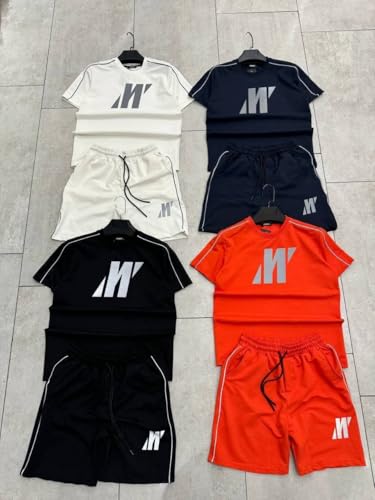 MEZA Men's 2 Piece Sports Set Shorts and T-Shirts, Summer Milton Lycra Material, Round Neck, Vinyl Print, (Black, L)