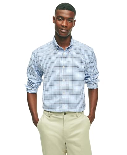 Brooks Brothers Camicia Sportiva da Uomo in Tessuto Oxford Elasticizzato a Maniche Lunghe, a Quadretti, Non Si Stira, A Quadretti Blu/Blu Navy, XL