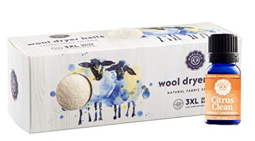 Woolzies Organic Wool Dryer Balls: 3 Pack XL Dryer Balls & Citrus Clean Essential Oil Blend | All Natural Laundry Fabric Softener Balls | Made with 100% New Zealand Wool | Best Essential Oil Balls