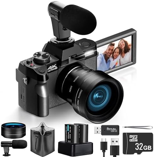 4K Digital Cameras for Photography 48MP/60FPS Video Vlogging Camera for YouTube with 3" 180° Flip Screen WiFi, 16X Digital Zoom Cameras with 32GB Micro Card Wide-Angle & Macro Lens (Black)