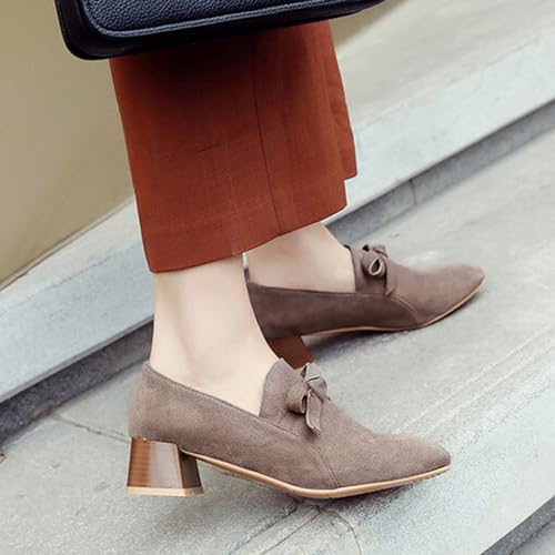 Alyaafifa Bow Pumps for Women Stacked Block Mid Heel Closed Square Toe Slip On Office Lady Working Dressy Shoes Comfortable Suede Leather Heeled Loafers Casual Daily Wear3