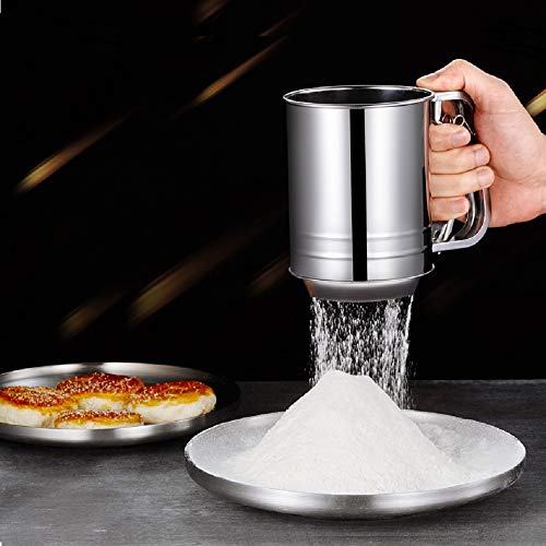 Stainless Steel Hand-held Flour Sifter with Handle,Metal Squeeze Fine Mesh Sieve for Baking,4 Cup Capacity Flour Sieve Cup for Powered Sugar