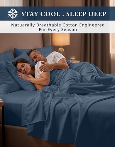 Image of LANE LINEN Full XL Sheets Set 100% Egyptian Cotton Sateen - Estate Blue | Cotton Bed Sheets Full - 4-Piece Set, For A Luxurious Night's Sleep, For Guests And Everyday Use, Luxe Sheen, Plush
