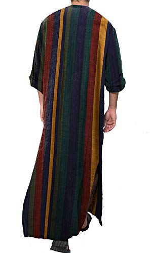 Hotmiss Men's Striped Robe Button Up Long Sleeve Kaftan Thobe Splits Long Gown Casual Shirt2