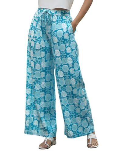 Image of GRECIILOOKS Boho Printed Wide Leg Palazzo Pants for Women, Flowing High Waist Rayon Trousers for Beach, Vacation, Lounge, and Summer Style