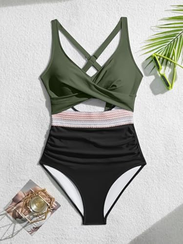 Image of B2prity Women's One Piece Swimsuit Tummy Control High Waisted Bathing Suit | Color Block,Removable Soft Cups,Cutout,V neck,Full Coverage,Adjustable Criss Cross Straps,Tie Back
