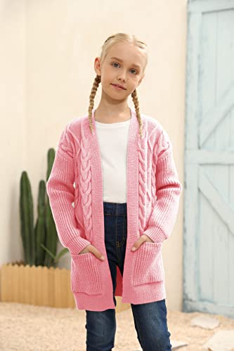 Image of Ermonn Girls Kids Open Front Cardigans Sweaters Long Sleeve Knit Cute Sweater Outwears with Pockets for 5-14 Years Pink