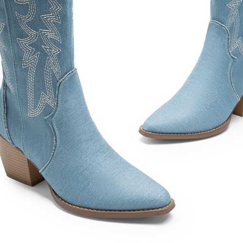 DREAM PAIRS Womens Cowboy Boots Wide Calf Comfortable Pull On Zipper Chunky Heel Pointed Toe Embroidered Western Cowgirl Knee High Boots Ladies Retro Tall Boot,Size 7.5,Denim Blue,SDKB224W