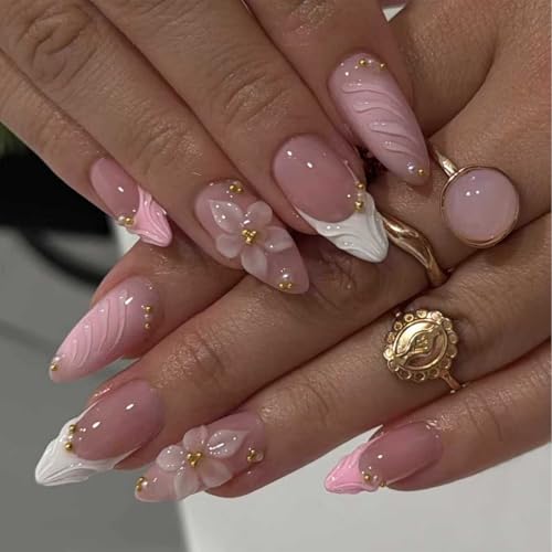 Nymora Set de 24 Ongles Press-On avec Design de Fleurs 3D, Forme Amande French Tip, Ongles Autocollants en Rose avec Finition Brillant et Perles d'Or