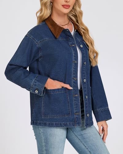 Kedera Womens Oversized Denim Jacket 2025 Trendy Button Up Long Sleeve Jean Jacket with Faux Suede Collar Fall Barn Coat4