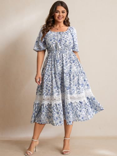 Image of RWJ Women's Plus Size Maxi Dress Short Sleeve Square Neck Flowy A-Line Lace Trim Flutter Party Casual Off Shoulder Dresses