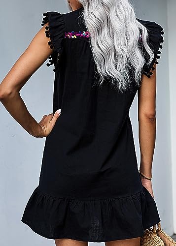 KIRUNDO Women's 2026 Summer Mini Dress Spring Casual V Neck Floral Embroidered Ruffle Sleeveless Shift Flowy Boho Dress (B-Black, X-Large) — view 5