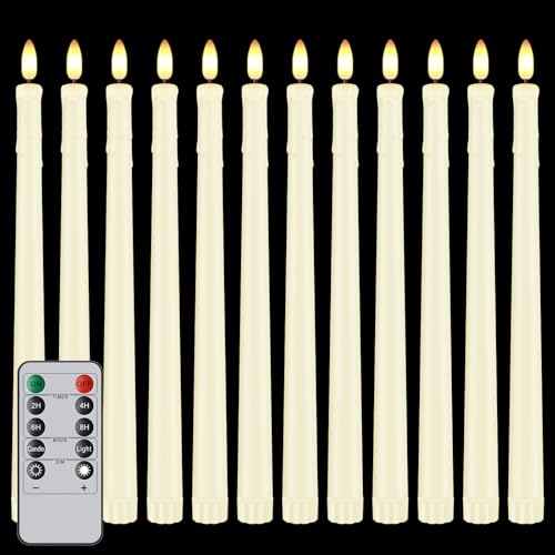 Image of 12 Pcs Flickering Flameless LED Taper Candles, 11 inch Long Fake Taper Candles Battery Operated with Remote Timer, Ivory Plastic Electric Dripping Candlesticks for Wedding Party Holiday
